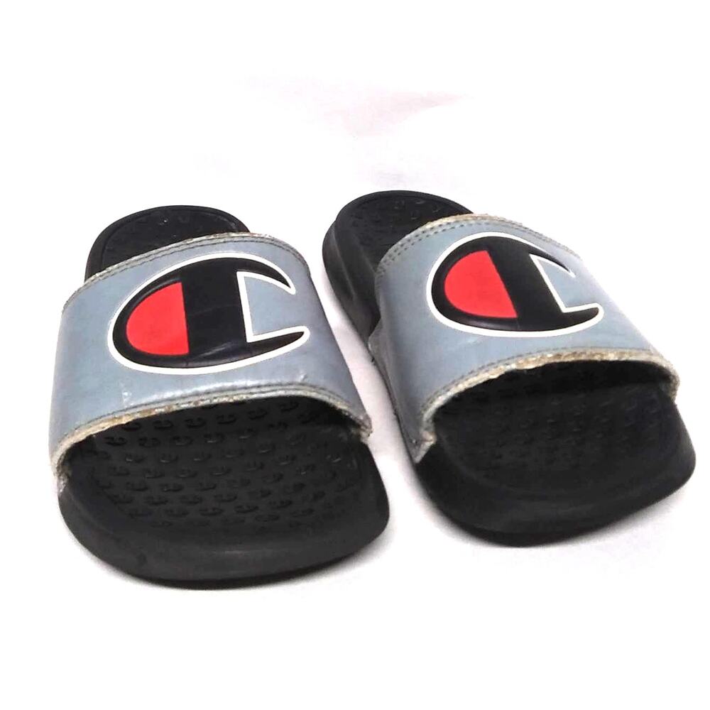 Black and Gray Champion Logo Athletic Slip-On Sandal Slides - Boys Size 13